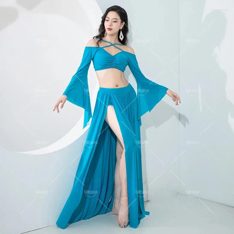Stage Wear Belly Dance Costume Set For Women Mesh Long Sleeves Top Skirt 2pcs Training Suit Oriental Group Dancing