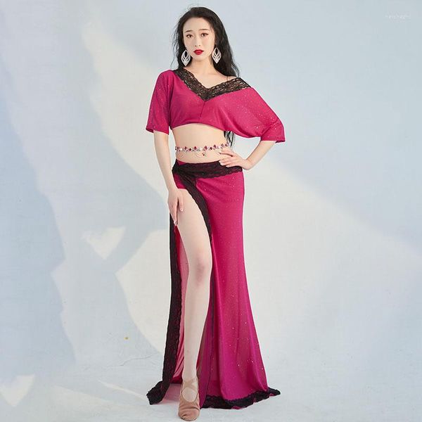 Conjunto de traje de danza del vientre para mujer, falda larga profesional para práctica Oriental, vestido de actuación de 2 uds