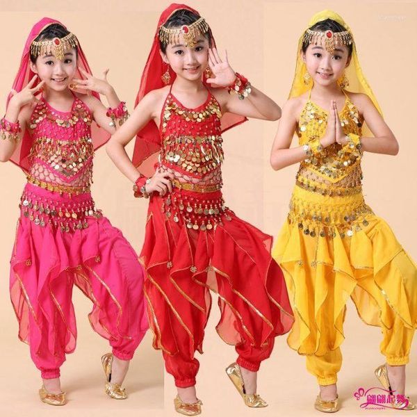 Desgaste de la etapa Danza del vientre Niños Pantalones Traje Niñas Lentejuelas Rendimiento Ropa oriental Baile de Bollywood