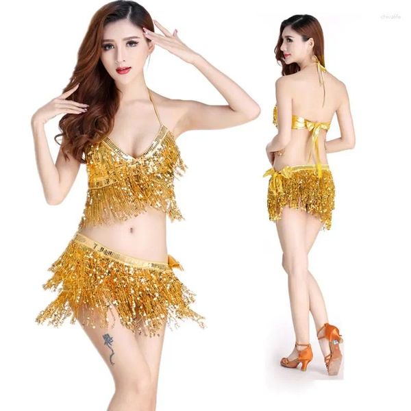 Stage Wear Belly Dance Latin Sequin Halter Top Soutien-gorge Ceinture Hanche Jupe Ensemble Costume De Fête Sexy Gland Tentation Performance Ensembles 9 Couleurs