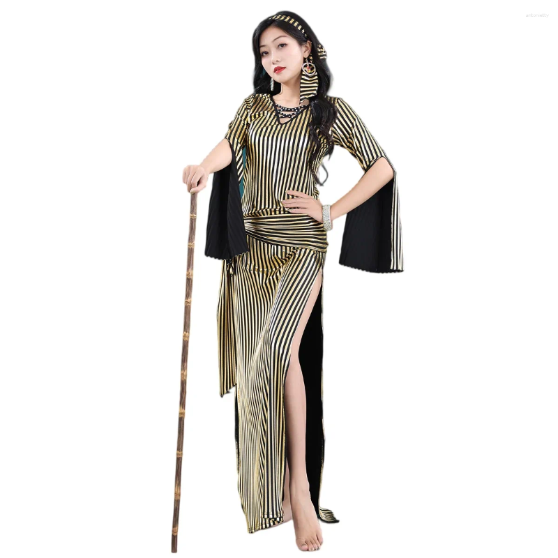 Stage Wear Belly Dance Nancy Galabeya Dress Costume Stretchy Baladi Saidi Handmade Egypt Outfit Long Slit Gold Strip For Dancer Performance