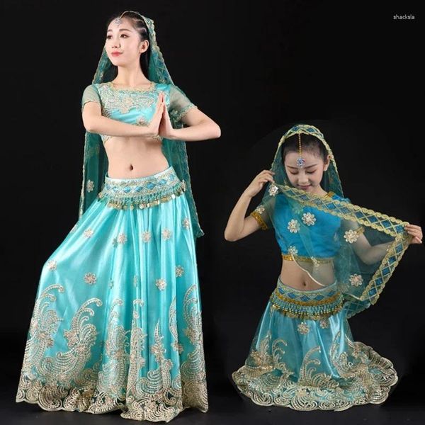 Stage Wear Belly Dance Outfits bordado Bollywood Disfraz de disfraces Belts Top Belt Sari 4pcs Festival Festival