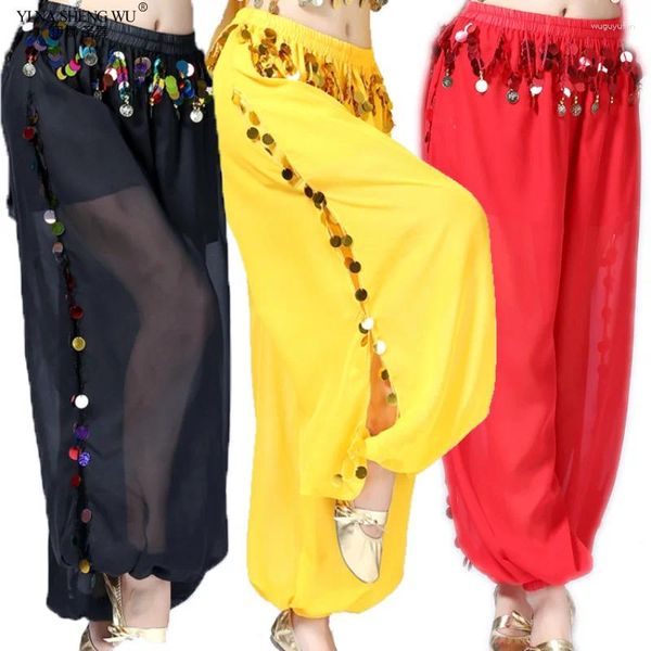 Pantalon long à paillettes pour danse du ventre, vêtements de performance, fête Bollywood, en mousseline de soie, taille élastique, pantalon d'entraînement