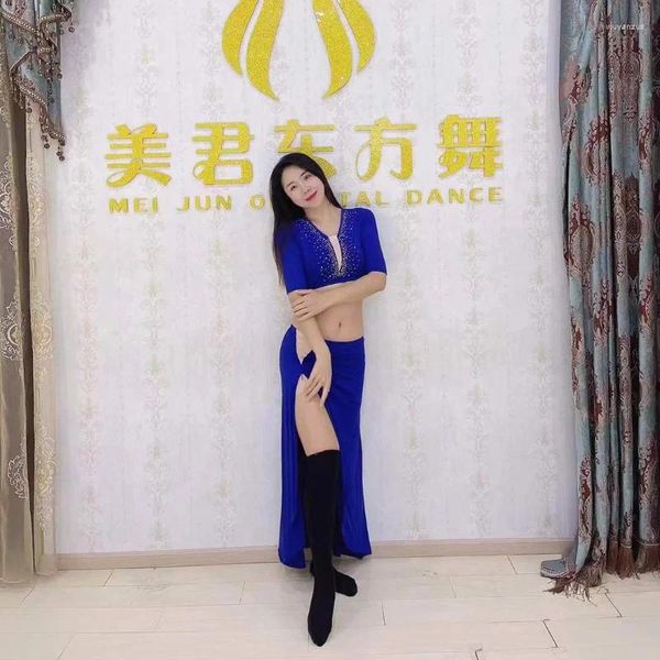 Escenario desgaste danza del vientre split práctica ropa malla costura falda grande oriental rendimiento traje modelo alta elasticidad top