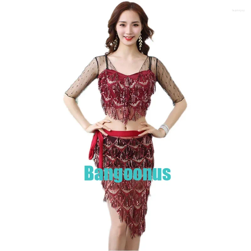 Stage Wear Belly Dance Spring Summer Top Skirt Set Sexy Female Adult Sequined Fringed Suit Exercise Oriental Costume