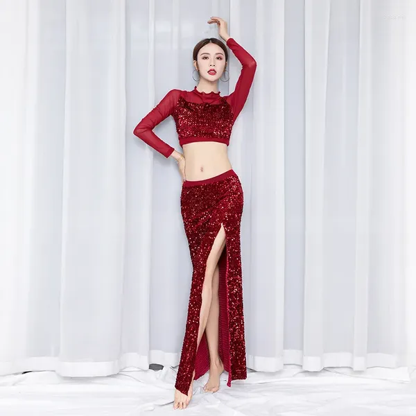 Etapa desgaste danza del vientre top vestido largo conjunto ropa de práctica oriental rendimiento traje sexy mujer disfraz disfraz india mujer