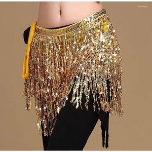 Stage Wear Belly Dance Taille Chain Pailletten Vierlaag Tassel Cover Performance Practice Oper -up Hip sjaal rok