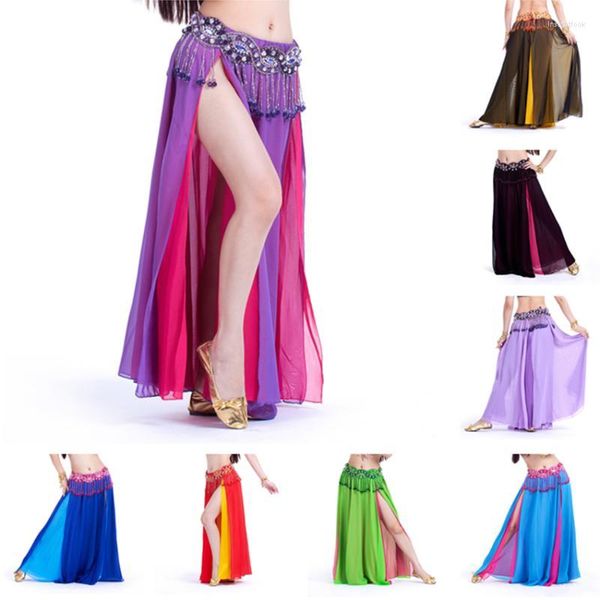 Etapa desgaste falda de danza del vientre para las mujeres 13 colores gasa sexy oriental 2 lados faldas de baile divididas traje de rendimiento