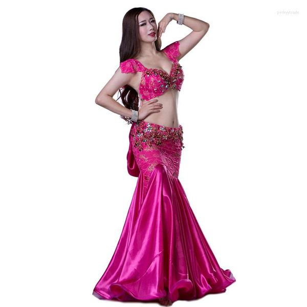 Desgaste de la etapa Bellydance Rhinestone Lace Traje de rendimiento de alta calidad Danza del vientre 2pcs Set para mujeres / bailarinas sujetador falda QC2799