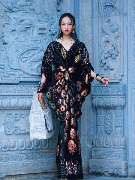 Stage Wear Blace Ethnique Chinois Style Unique Paillettes Paon Plume Marocaine Robe Lâche Robe