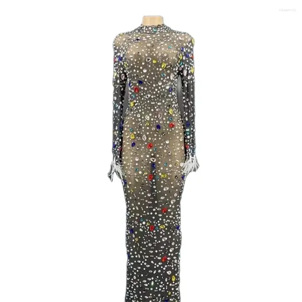 Stage Wear Noir et nu brillant cristal strass sexy longue robe fendue pour les femmes soirée vêtements chanteur costume bal