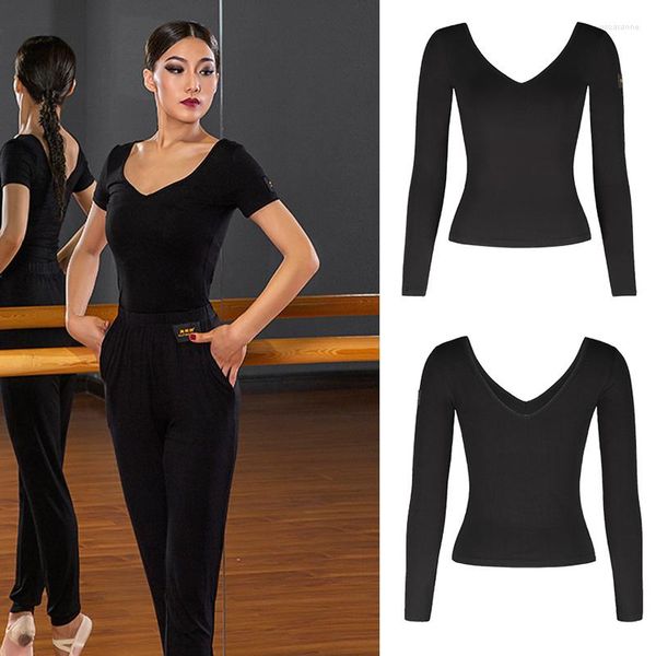 Desgaste de la etapa Negro sin espalda Tops de baile latino Top con cuello en V profundo de las mujeres Ropa de práctica de baile moderno de manga corta SL2795