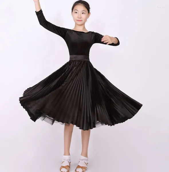 Etapa desgaste negro salón de baile vestidos niños elegante manga larga vals competición baile falda niñas vestido de tango