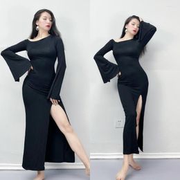 Stage Wear Black Belly Dance Practice Clothes 2023 Retro Fusion Style All-Match Little Dress With Long Sleeve Latin