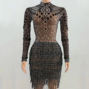 Stage Wear Black Big Rhinestones Dress Women Party Fringed Celebrate Evening Jurken Jazz Costume Festival Outfit XS6513