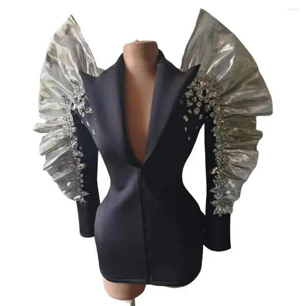Stage Wear Black Blazer Design Sparkly Strass Femmes Performance Robe DJ Night Club Bar Drag Queen Costume