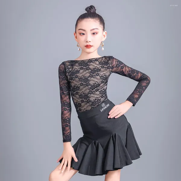 Escenario ropa de encaje negro de baile latino vestido de vestuario de baile práctica práctica chacha chacha baile traje de interpretación de dos piezas YS5217