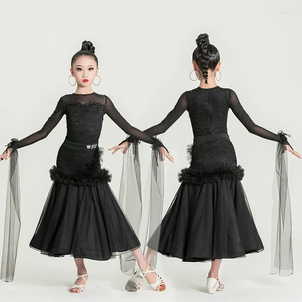 Stage Wear Black Lace Tango Ballroom Dance Performance Robe Filles Compétition Costume Body Jupe Bal Valse Robes De Danse VDB7654