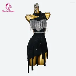 Stage Wear Black Latin Dance Dress Women Competition Dessen voor lijn cabaret bal elegant kostuum meisje sexy pak midi rok