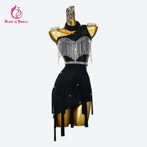 STAGE PEUR BLACK LATIN DANSE ROBE FEMMES Vêtements de compétition pour la ligne Cabaret Ball Elegant Costume Girl Sexy Suit Midi Jupe