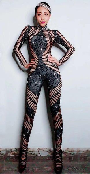 Stage Wear Noir Manches longues Brillant BabYoung Strass Combinaisons sexy pour femmes Discothèque DJ Vêtements Chanteur Costumes Pole