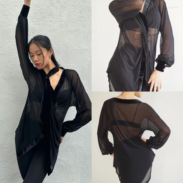 Ropa de escenario cárdigan de baile latino de malla negra para mujer camisas de manga larga ropa de práctica suelta Rumba vestido transparente DNV18081