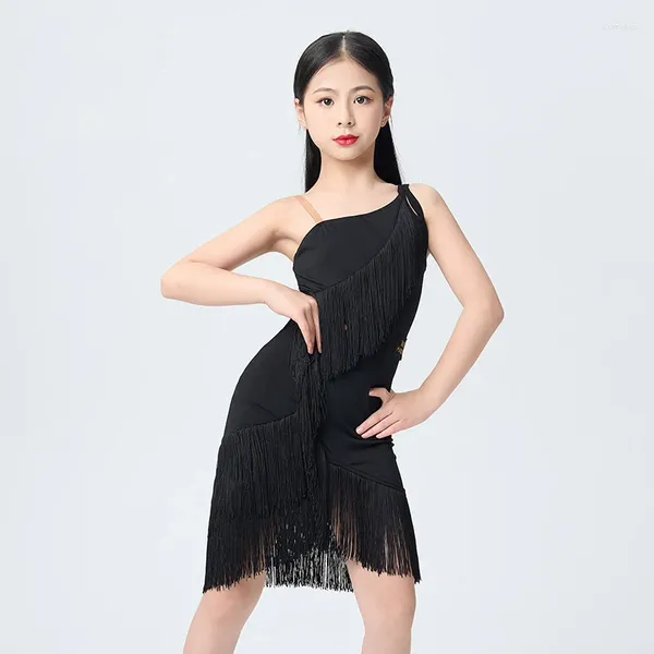 Stage Wear Noir Hors-épaule Robe de danse latine Filles Fringe Compétition Rumba ChaCha Vêtements de danse Pratique d'été DL10583