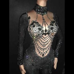 Stage Wear Black Rhinestones Show Jumpsuit Sexy Birthday Dance Party Prom Nightclub -zanger Gogo Stage Rompers Designer Designed D240425