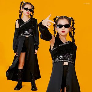 Stage Wear Black Sequins Tops Trailing Rok Kpop kleding voor meisjes Jazz Dance Performance Costumes Ballroom Hip Hop DQS10780