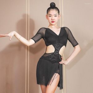 Stage Wear Black Sexy Latin Dress Hollow Fringe Women Dance Practice Clothes For Performance