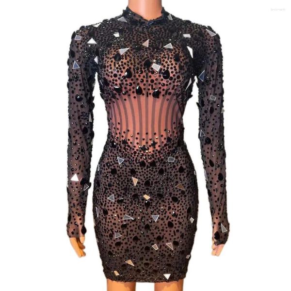 Stage Wear Noir Brillant Strass Miroir Paillettes Manches Longues Robe Gaine Sexy Pour Femmes Chanteur De Musique Effectuer Des Costumes De Fête