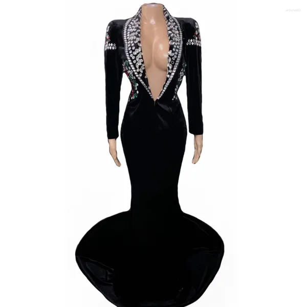 Stage Wear Black Swan Velours Brillant Cristal Sexy Longue Robe De Traînée Pour Les Femmes Élégantes Vêtements De Soirée Costumes D'artiste