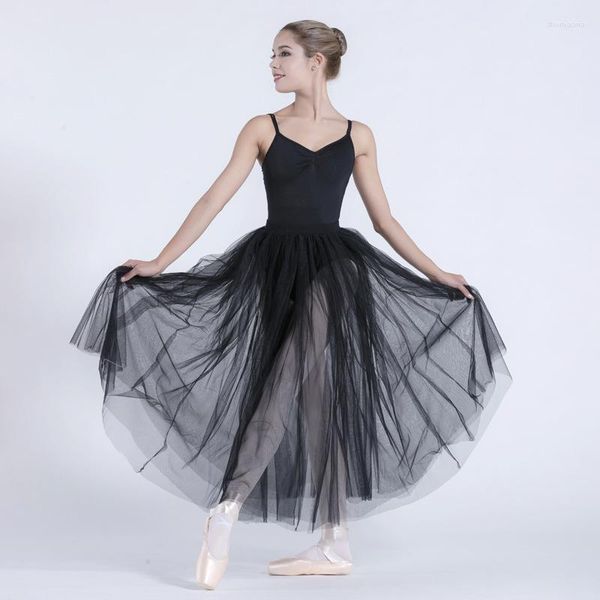 Desgaste de la etapa Falda tutú de ballet blanco negro Capas dobles de tul Mujeres Niñas Práctica de baile Traje largo de bailarina S22046