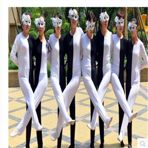 Stage Wear noir blanc illusion d'optique jambe siamois costumes de danse adulte enfant russe performance vêtements personnalité salle de bal d318Y