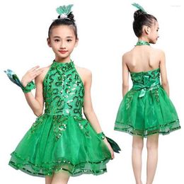 Vêtements de scène Bling fille vêtements de danse latine enfants voile robes étudiants vert Tutus paillettes effectuer des Costumes avec des fleurs cadeaux