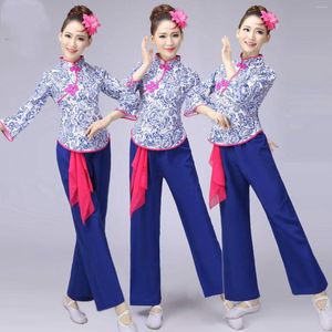 Vêtements de scène en porcelaine bleue et blanche pour femmes, tambour de taille avec mouchoir, Costume de danse Yangko, vêtements folkloriques chinois 89