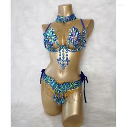 Stage Wear Perles bleues Samba Carnaval Wire Bra Ceinture Taille haute Panty Costume de danse du ventre Rave Outfit Festival Vêtements Costume de performance Femmes