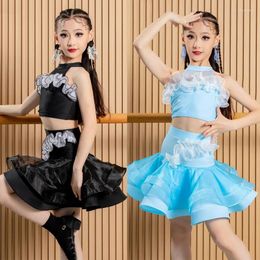 Portez des vêtements de compétition de danse latine noire bleue pour les filles sans manches samba costumes pour enfants robes de danse sl10059