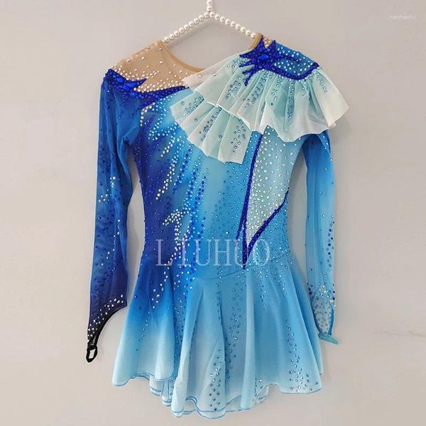 Stage Wear Robe de patinage artistique de couleur bleue à manches longues pour femmes danse strass performance pour la compétition