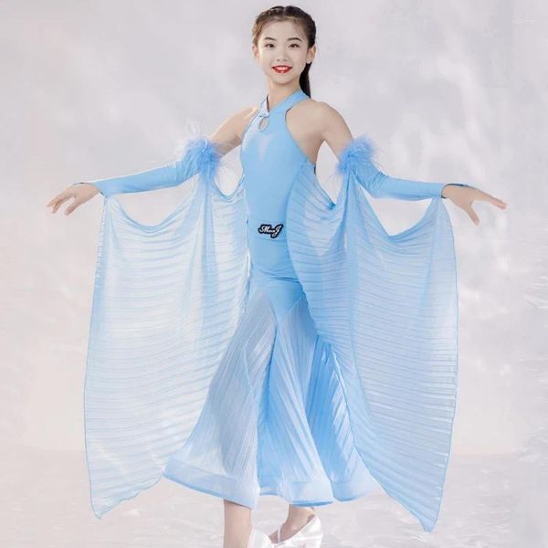 Stage Wear Blue Floating Manges Dance Dance Dance Girls Waltz Modern Dancing Dresses Distense para niños Ropa latina SL9603
