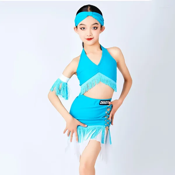 Stage Wear Blue Frangé Latin Top Jupe Costumes de compétition de danse pour les filles Performance Vêtements SL9692