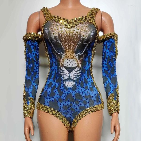 Escenario desgaste azul oro leopardo pedrería body halloween cosplay rave traje mujeres dj rendimiento gogo trajes de baile xs7539