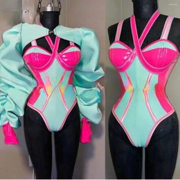 Stage Wear Bleu Vert Rose Rouge Rose Couleur Correspondant Sexy Body Exaggerat Bubble Manches Top Discothèque Bar Femme Chanteuse Tenue De Danse