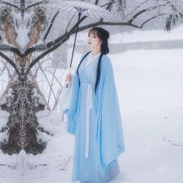 Stage Draag Blue Hanfu Pak Chinese Traditionele kleding voor vrouwen Volwassen Oude prinses Fairy Costumes TV Film Long Robe