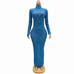 Etapa desgaste azul malla lentejuelas piedras grandes mangas largas vestido de cumpleaños noche celebrar traje estiramiento vestidos transparentes