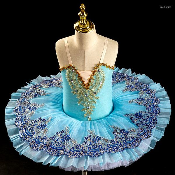 Desgaste de la etapa Vestidos de tutú de ballet profesional azul para adultos Niños Niños Pancake Swan Lake Bailarina Vestido de baile de salón Chica
