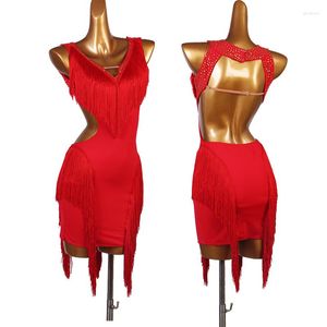 Vêtements de scène bleu rouge robe de danse latine manches Sexy Chahca Salsa Rumba gland Costumes pour femmes