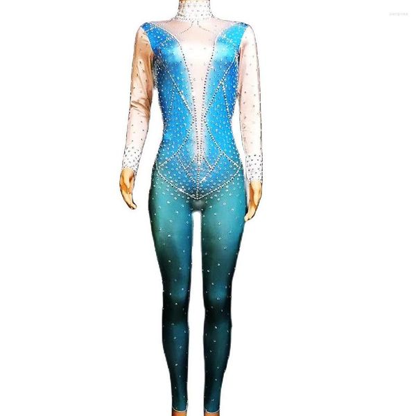 Stage Wear Bleu Brillant Strass Sexy Dos Nu Halter Femmes Combinaisons Pole Dance Costume Party Club Bar Vêtements Rave Tenues