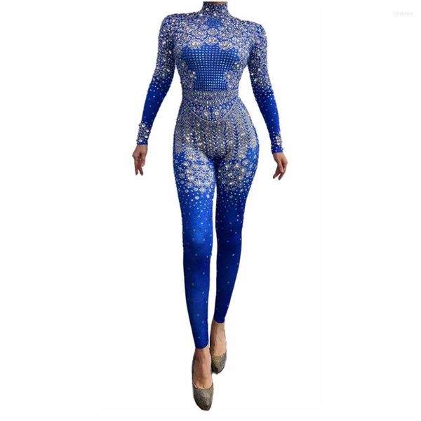 Vêtements de scène bleu scintillant cristal brillant strass femmes Sexy combinaison pôle danse discothèque Costume fête Bar DJ justaucorps porte