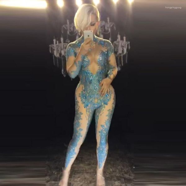 Stage Wear Blue Stones Sparkly Jumpsuit Mode Sexy Nude Stretch Dance Costume One-piece Body Discothèque Oufit Party Leggings